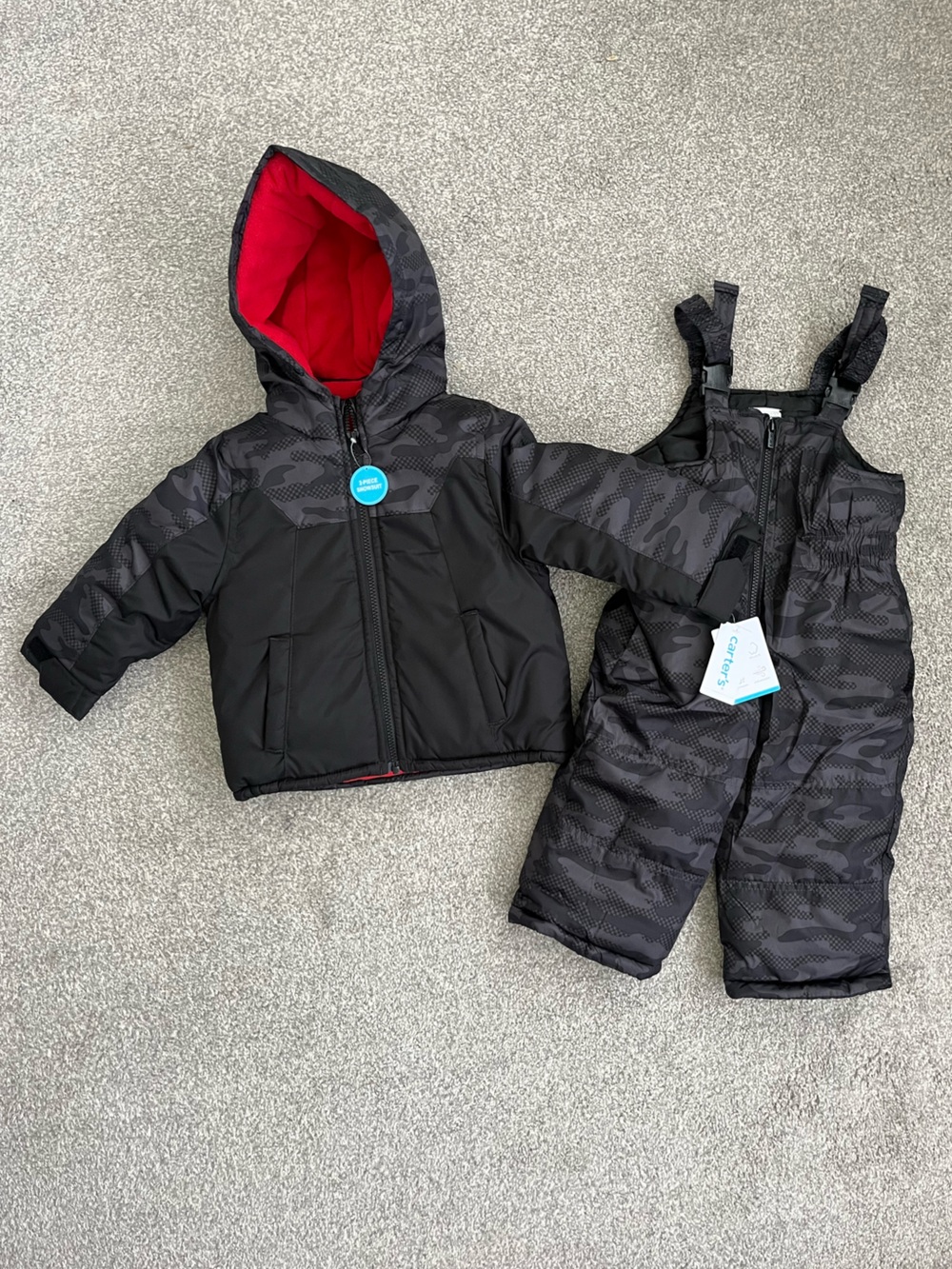 NWT Carters Black & Gray Camouflage Bib Pants and Puffer Jacket Size 2T